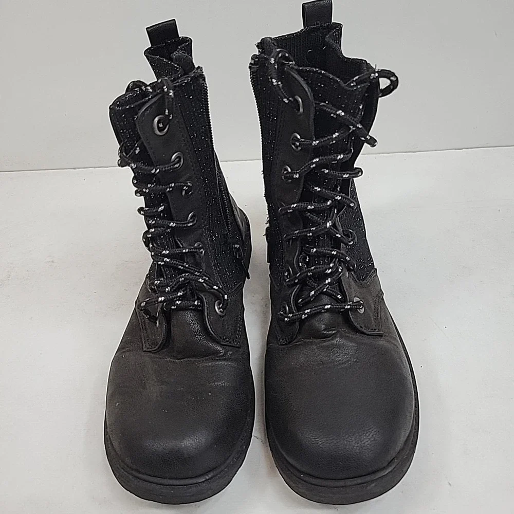 Blowfish Girls Black Glitter Combat Boots Sz 3 Lace-Up Lug Sole‎ Side Zip Cute